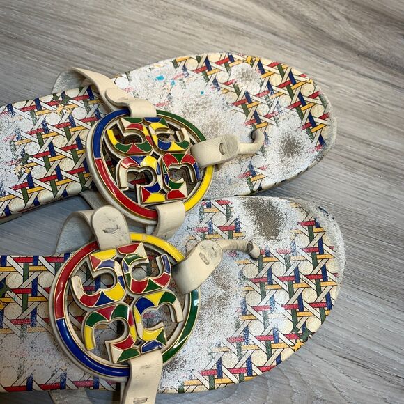 Tory Burch Miller Enamel Thong Sandals Women's Size 8 Multi Color Basketweave - Picture 10 of 10